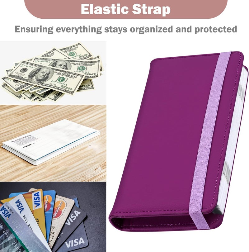Hot Cool Checkbook Cover with Elastic Band - Premium Leather Clear PVC Divider Durable, Compact, and Multi-Functional Holder Wallet Case for Man and Woman, Litchi - Purple - Image 2